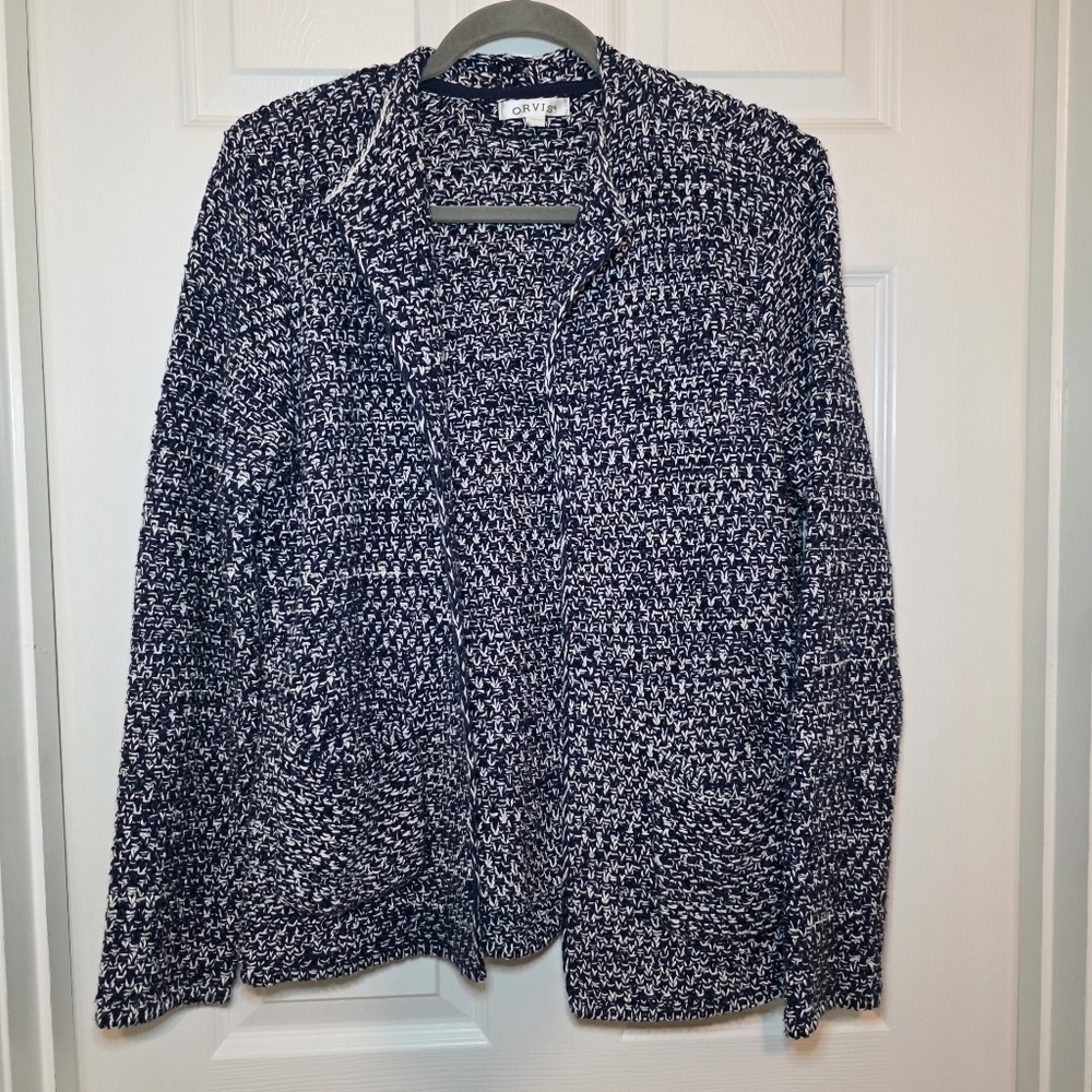 ORVIS Natural Wonders Cardigan Basketweave Knit Sweater Blue White M Cotton